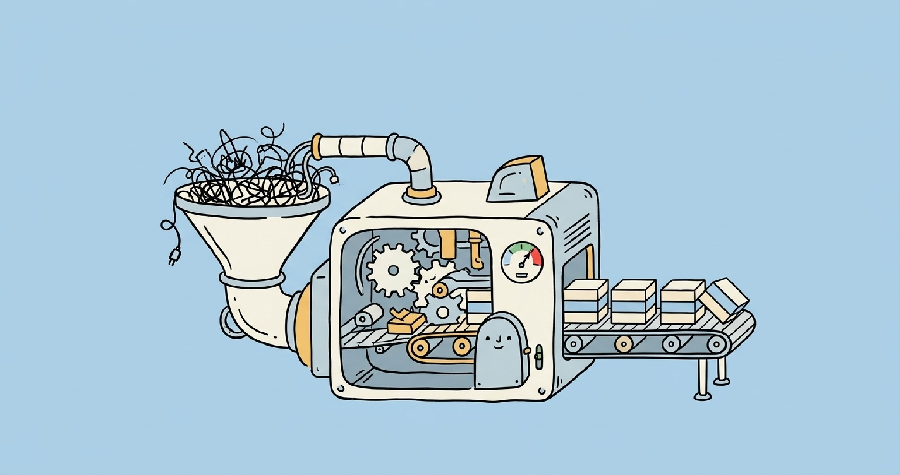 Caching machine turning tangled inputs into clean boxes