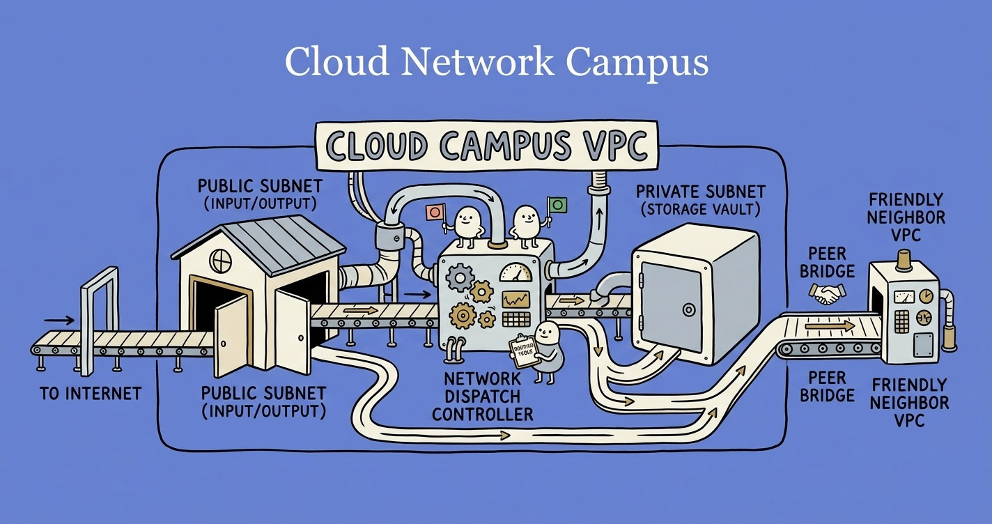 Hand-drawn cloud campus diagram with subnets and peering