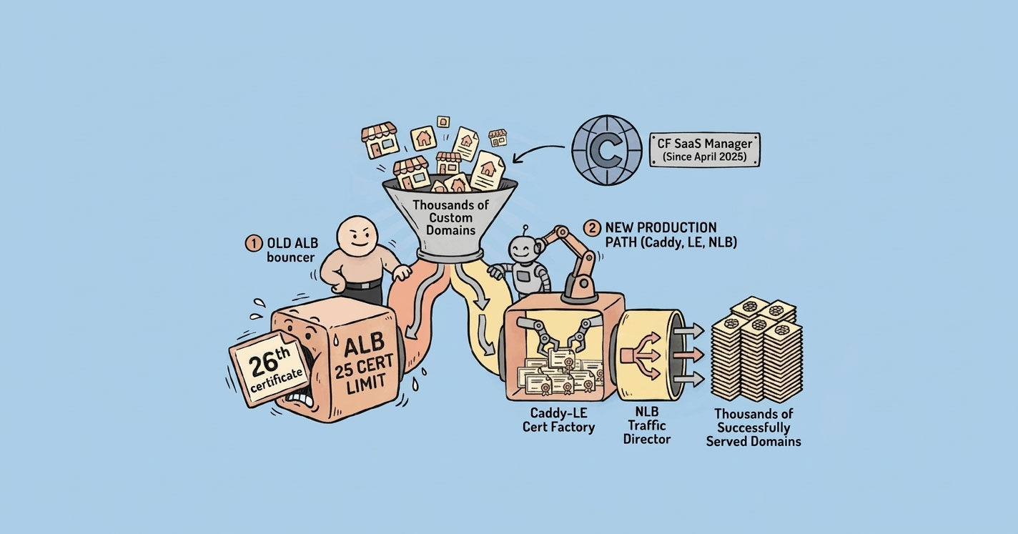ALB cert limit blocked vs Caddy NLB factory diagram