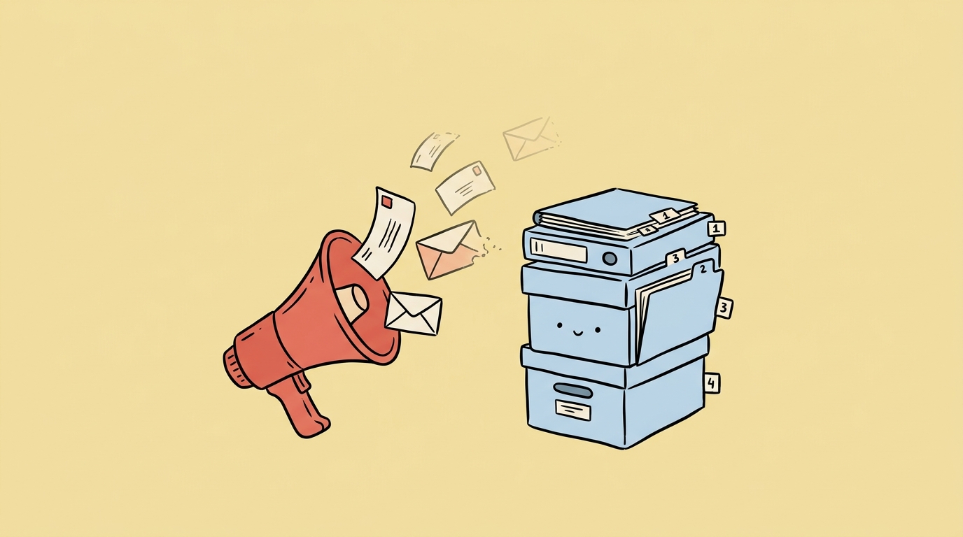 Megaphone blasting envelopes beside a stack of numbered archive boxes