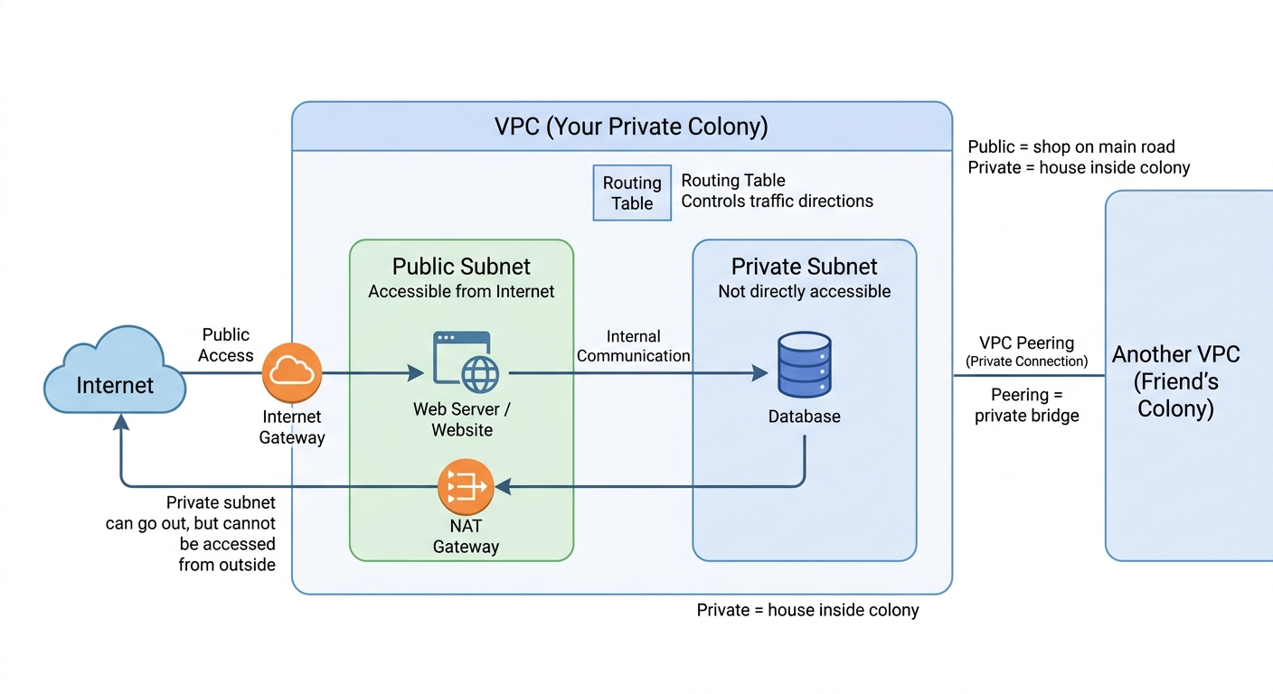 Cloud networking architecture showing a VPC with public and private subnets, Internet Gateway, NAT Gateway, routing tables, and security groups working together in a production environment