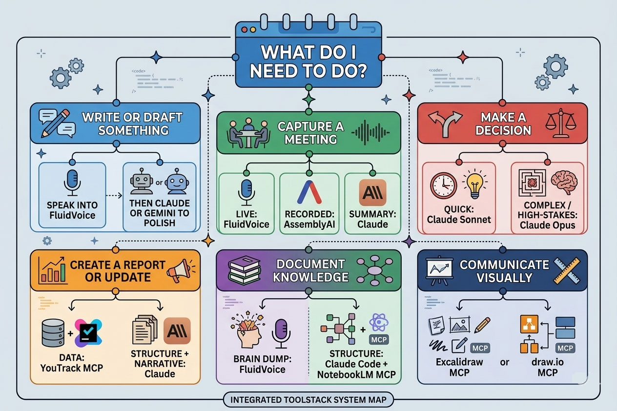 A decision tree showing which AI tool to use based on the type of management task — drafting, meetings, decisions, reports, documentation, or visual communication