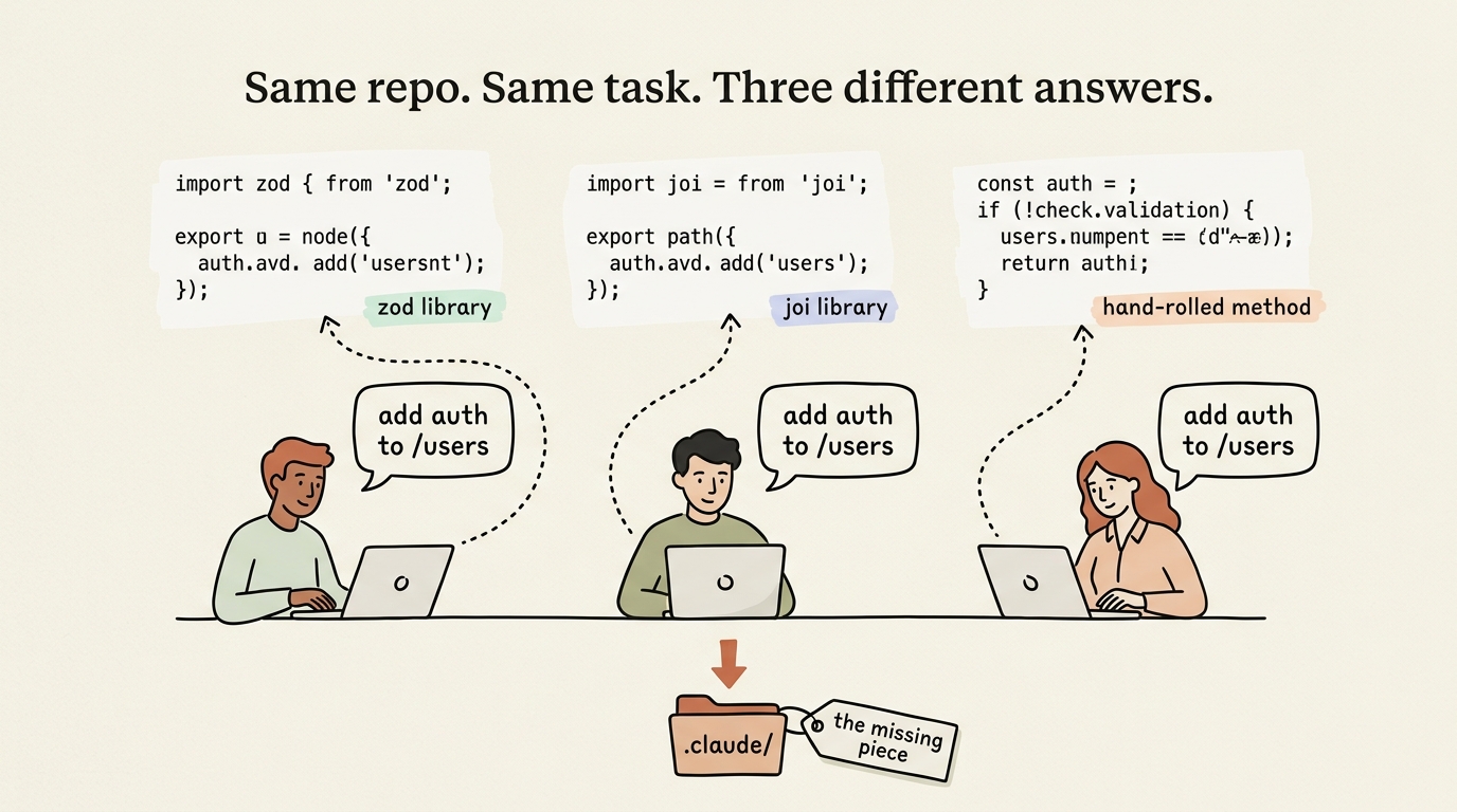 Illustration of three developers getting three different AI outputs from the same repo, showing team drift when there is no shared .claude configuration