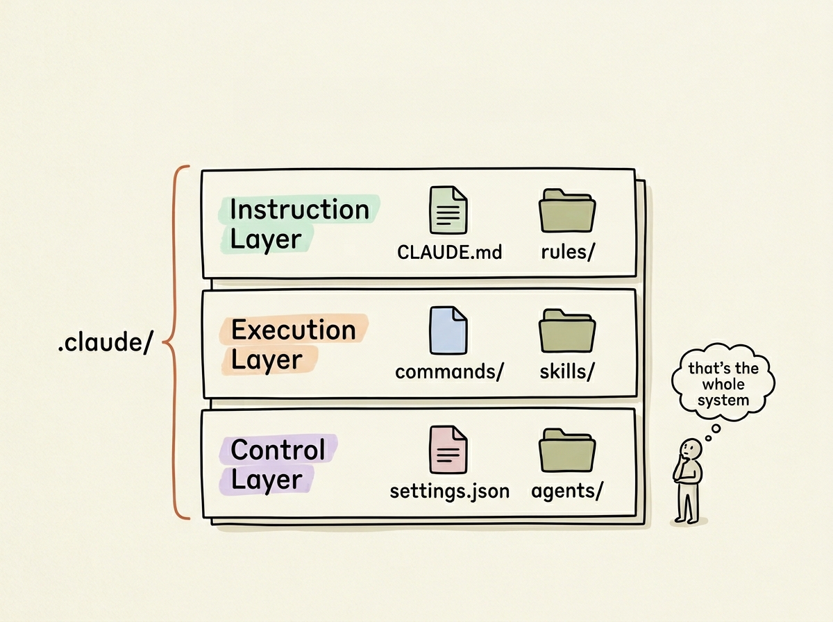 Hand-drawn diagram showing the three layers of the .claude folder: instruction, execution, and control, stacked on a warm parchment background