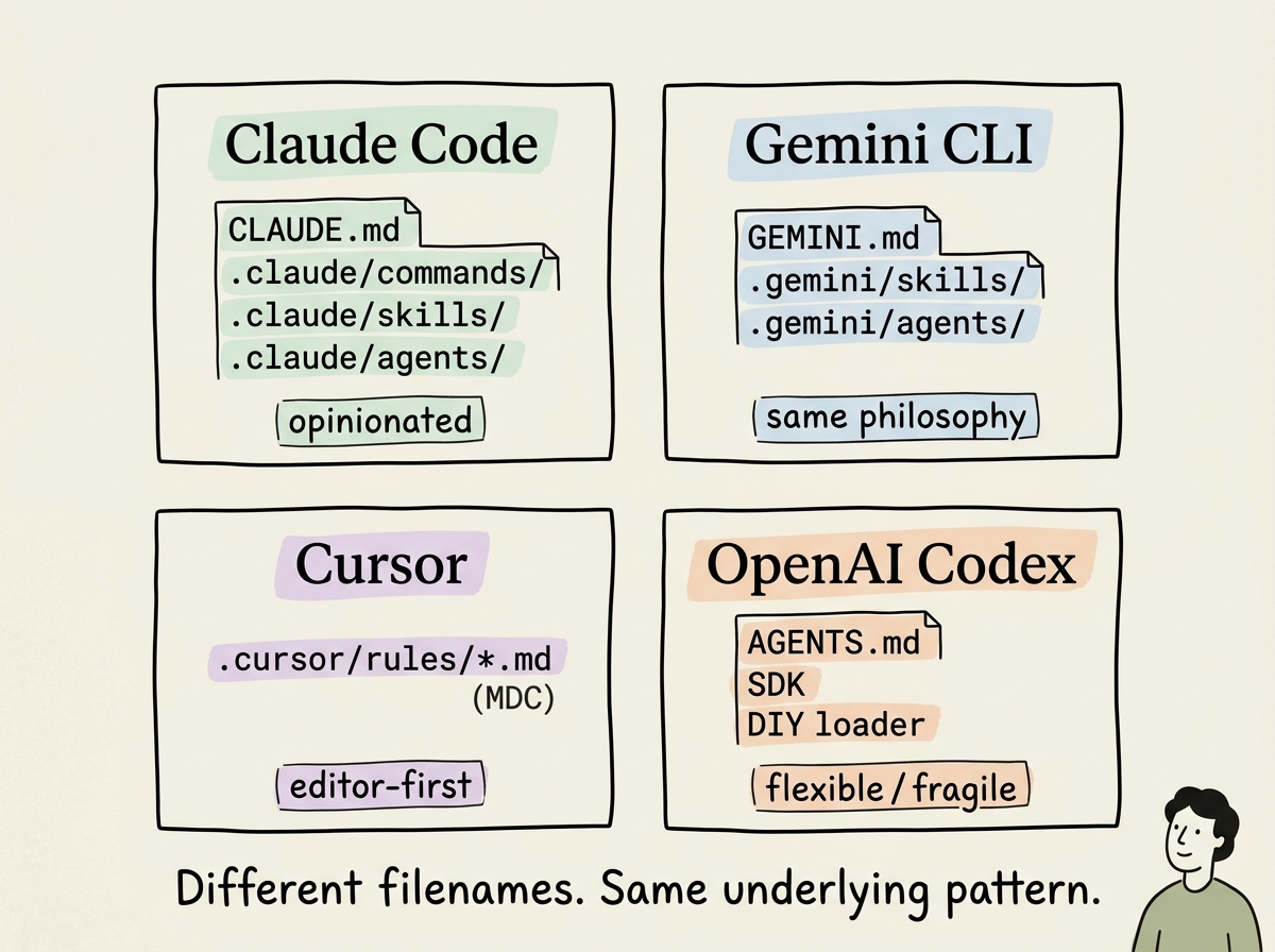 Hand-drawn comparison diagram of Claude Code, Cursor, Gemini CLI, and Codex showing how each tool handles instructions, commands, skills, and agents